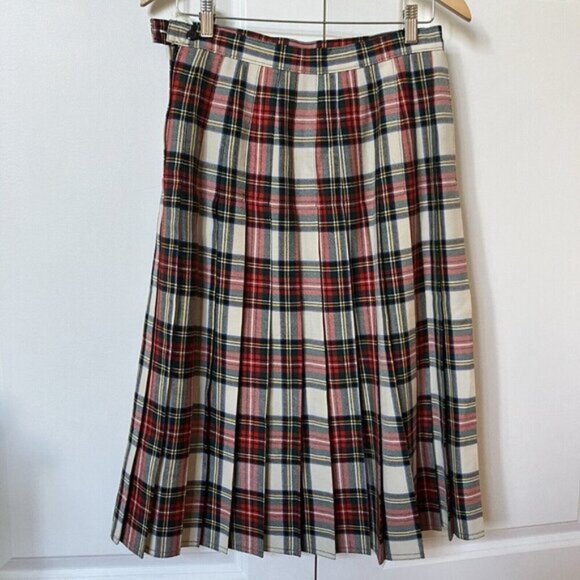 Vintage Plaid Kilt Skirt Womens 26 Wool Red White Tartan Pleated Long Holiday - Picture 5 of 6